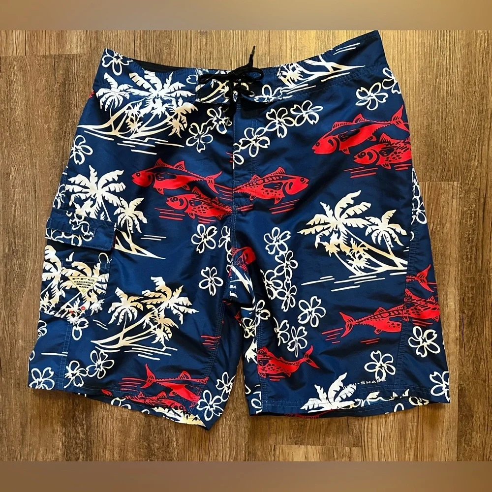 Columbia PFG Omni-Shade Swim Trunks Tuna Fish‎ Palm Tree Mens 36 Inseam 11” H2